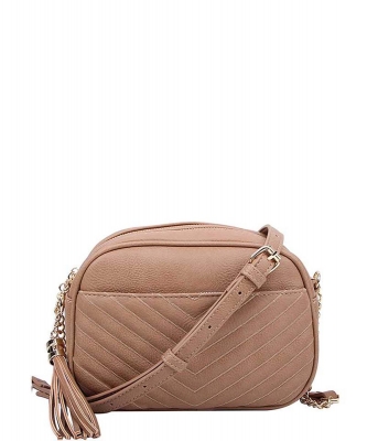 Fashion V Pattern Stitch Tassel Crossbody Bag WU-121 STONE